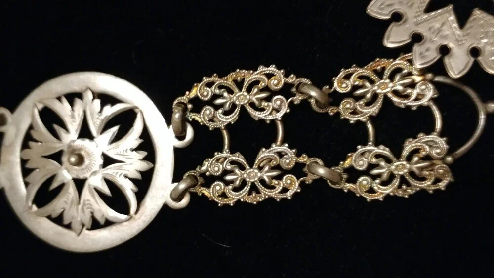 Victorian English Sterling Engraved Chain Belt Necklace Regal Fleur-de-lis Cross